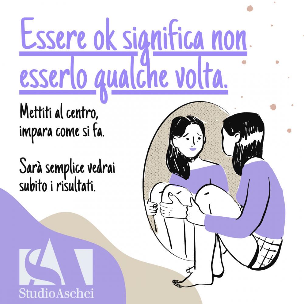 fumetto di ragazza allo specchio che si guarda e si studia con fare assorto per capire se stessa. immagine studio aschei promozione corso con coach professionista